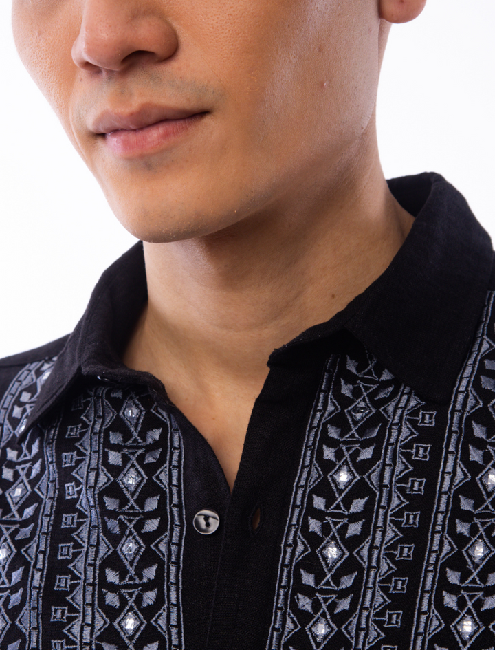 East India Company - Mikael Men Slim Fit Long Sleeve Embroidered Shirt Black