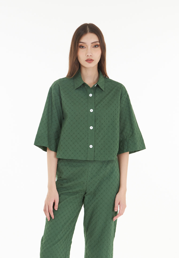 East India Company Sheena - Eyelet Embroidered Short Sleeve Blouse - Green