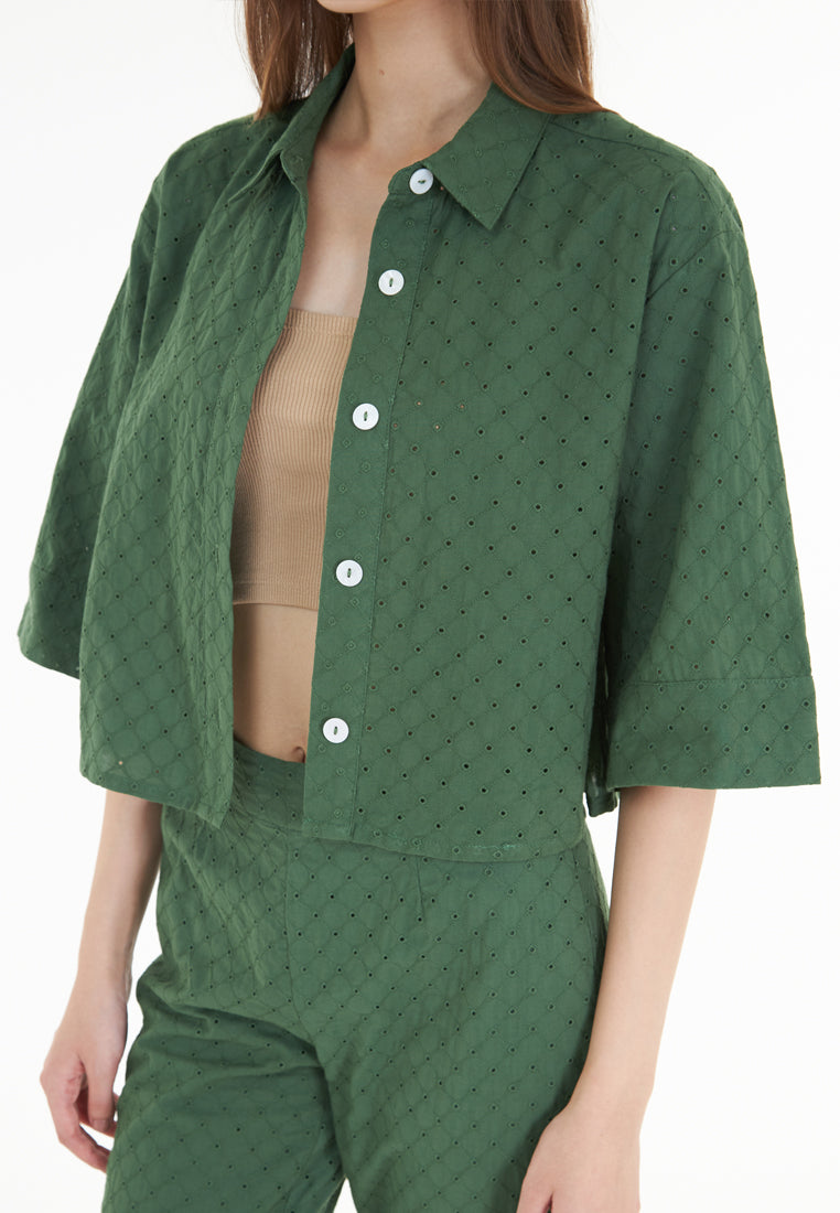 East India Company Sheena - Eyelet Embroidered Short Sleeve Blouse - Green