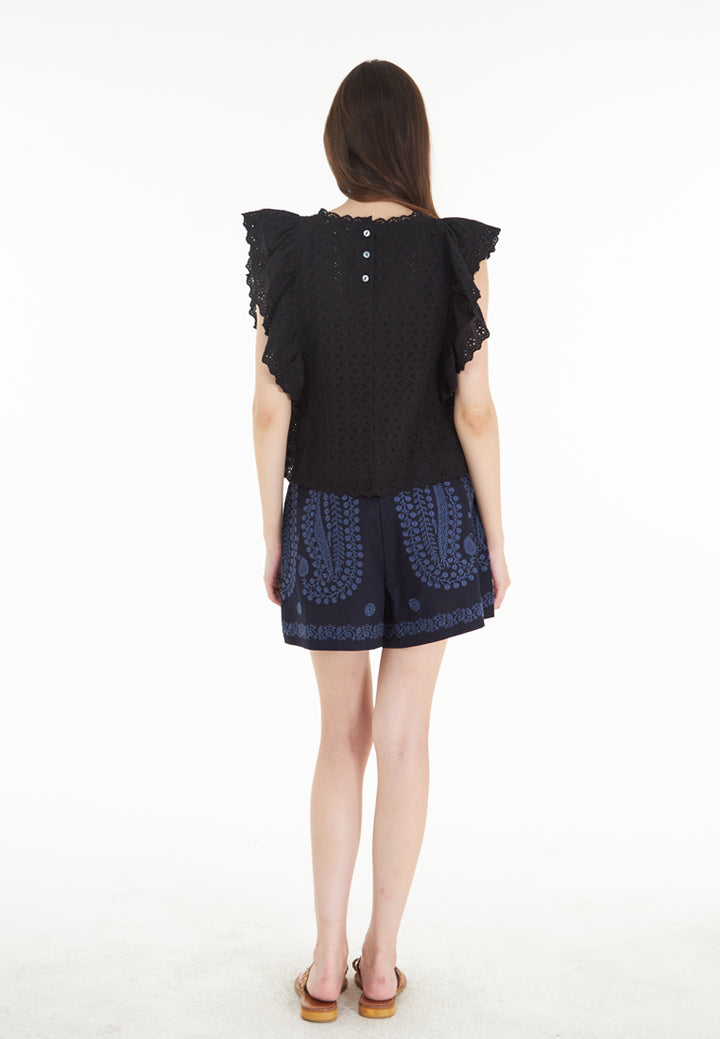 East India Company Brandy -  Eyelet Embroidery Peplum Sleeve Blouse - Black