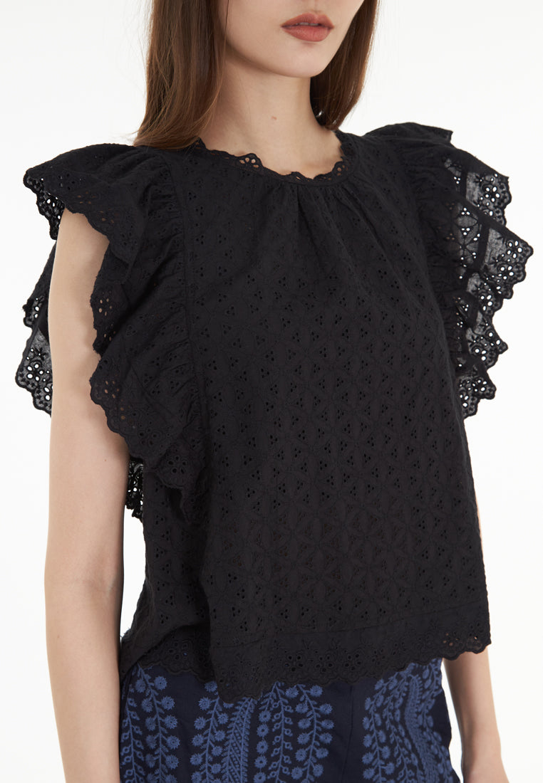 East India Company Brandy -  Eyelet Embroidery Peplum Sleeve Blouse - Black