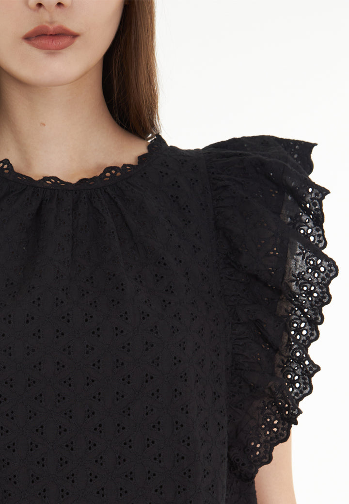 East India Company Brandy -  Eyelet Embroidery Peplum Sleeve Blouse - Black