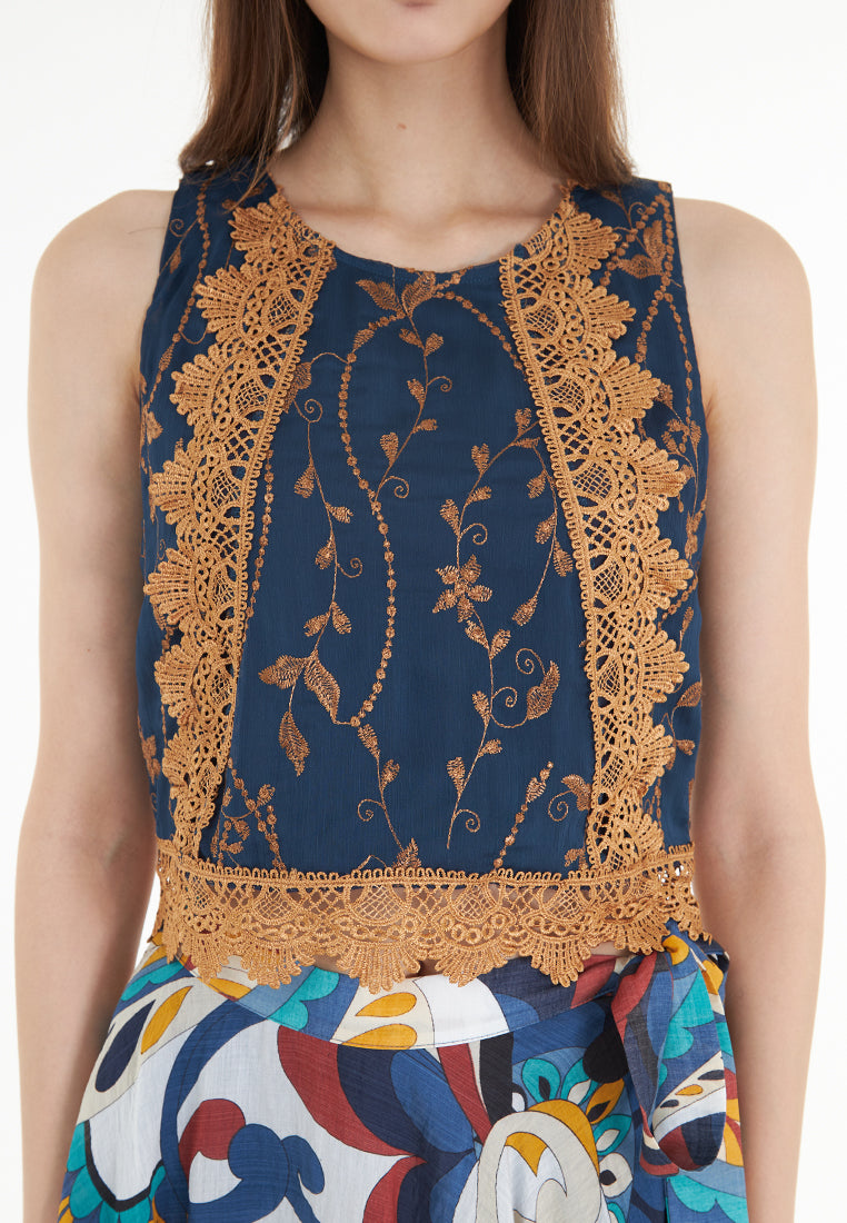 East India Company Karan - Embroidered Shell Blouse - Navy