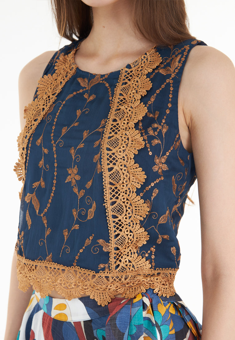 East India Company Karan - Embroidered Shell Blouse - Navy