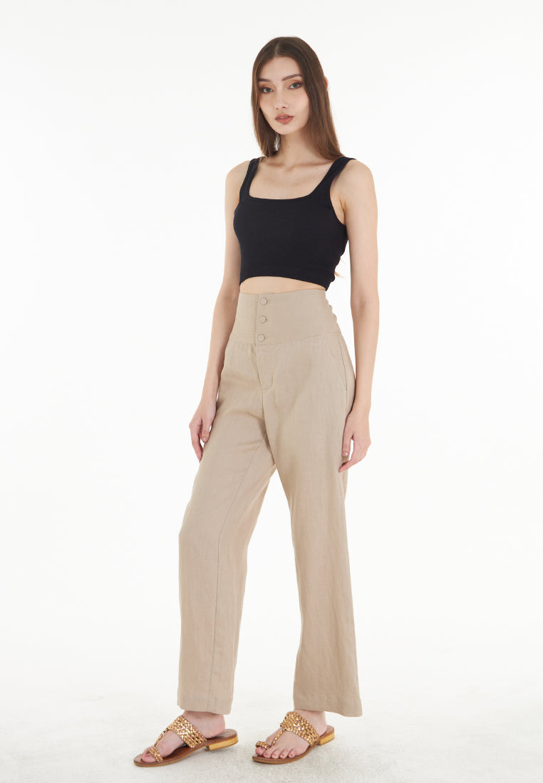 East India Company Mia- Full Length Wide Leg Linen Trousers - Almond