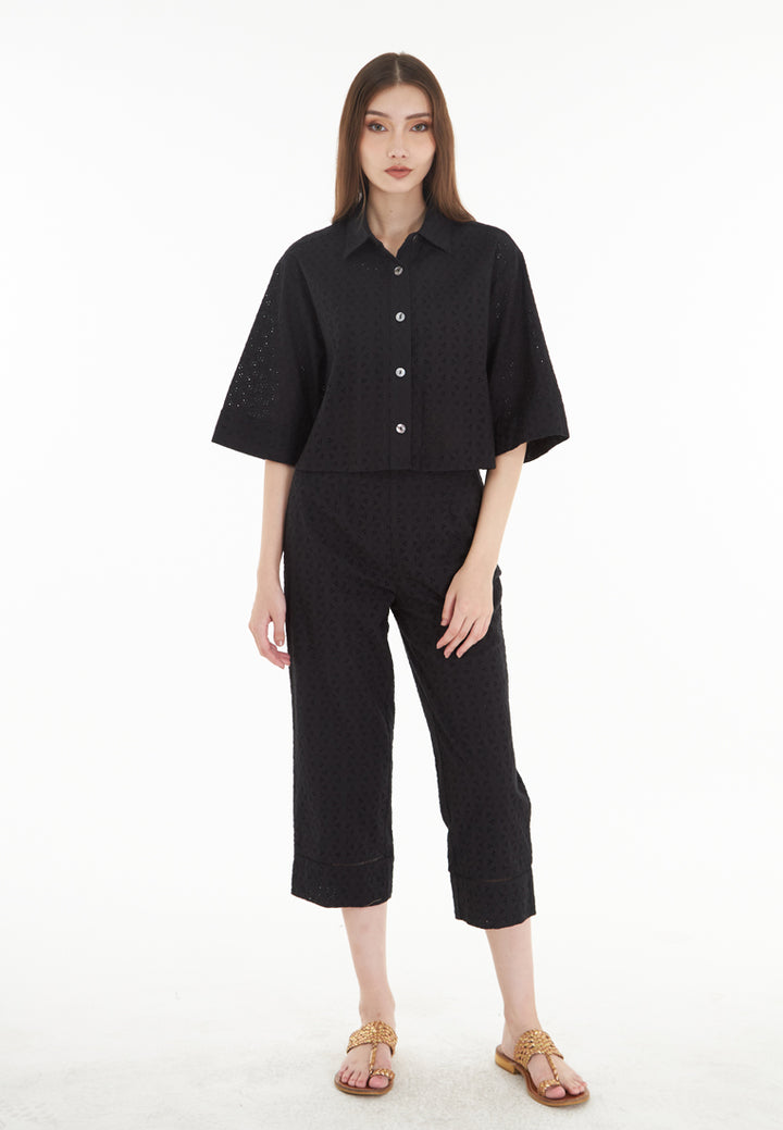 East India Company Sheena - Eyelet Embroidered Short Sleeve Blouse - Black