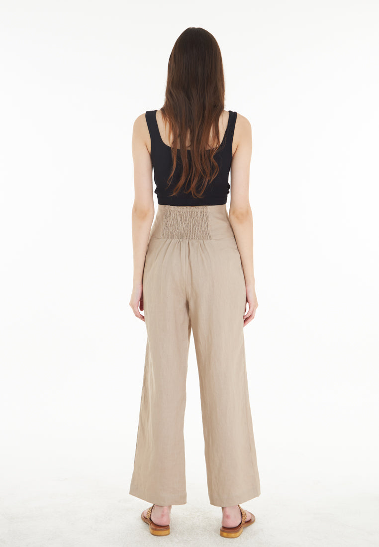 East India Company Mia- Full Length Wide Leg Linen Trousers - Almond