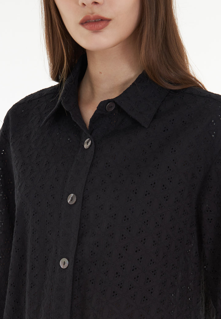 East India Company Sheena - Eyelet Embroidered Short Sleeve Blouse - Black