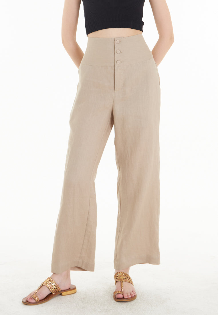 East India Company Mia- Full Length Wide Leg Linen Trousers - Almond