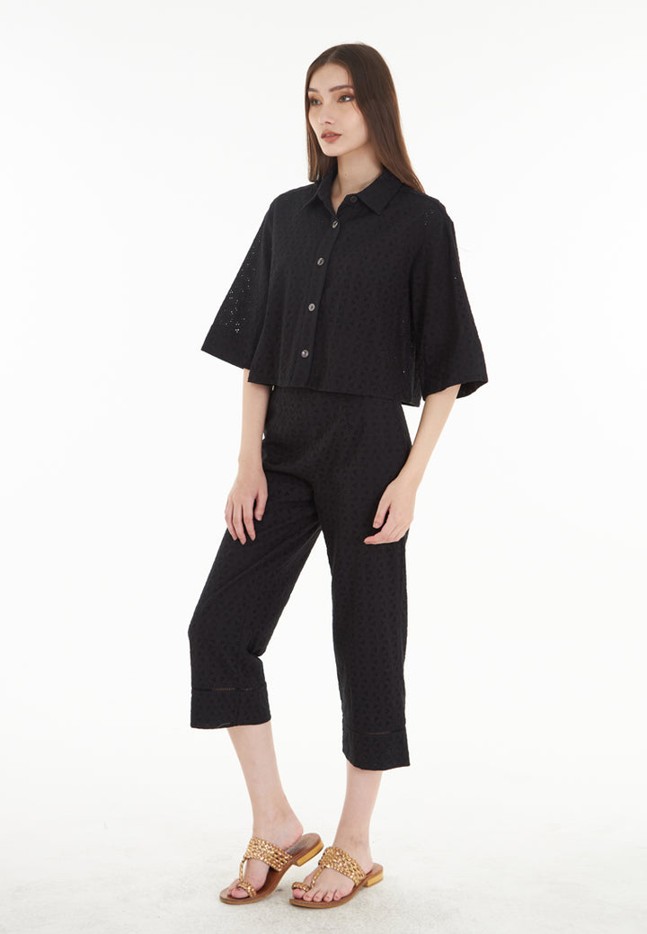 East India Company Sheena - Eyelet Embroidered Short Sleeve Blouse - Black