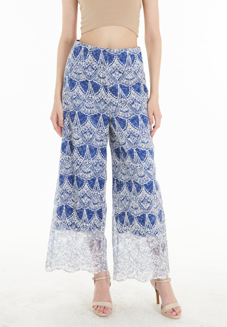 East India Company Noella - Embroidered Wide Leg Long Pants - Blue