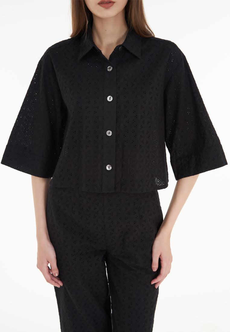 East India Company Sheena - Eyelet Embroidered Short Sleeve Blouse - Black