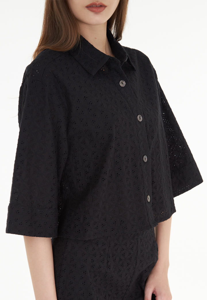 East India Company Sheena - Eyelet Embroidered Short Sleeve Blouse - Black