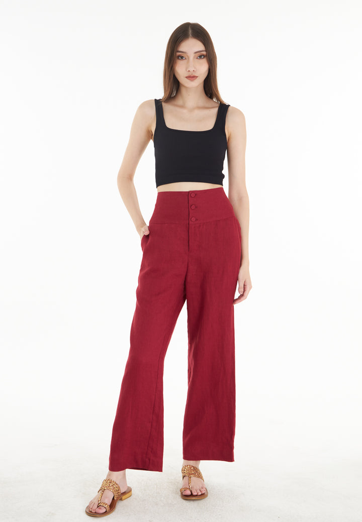 East India Company Mia- Full Length Wide Leg Linen Trousers - Burgundy