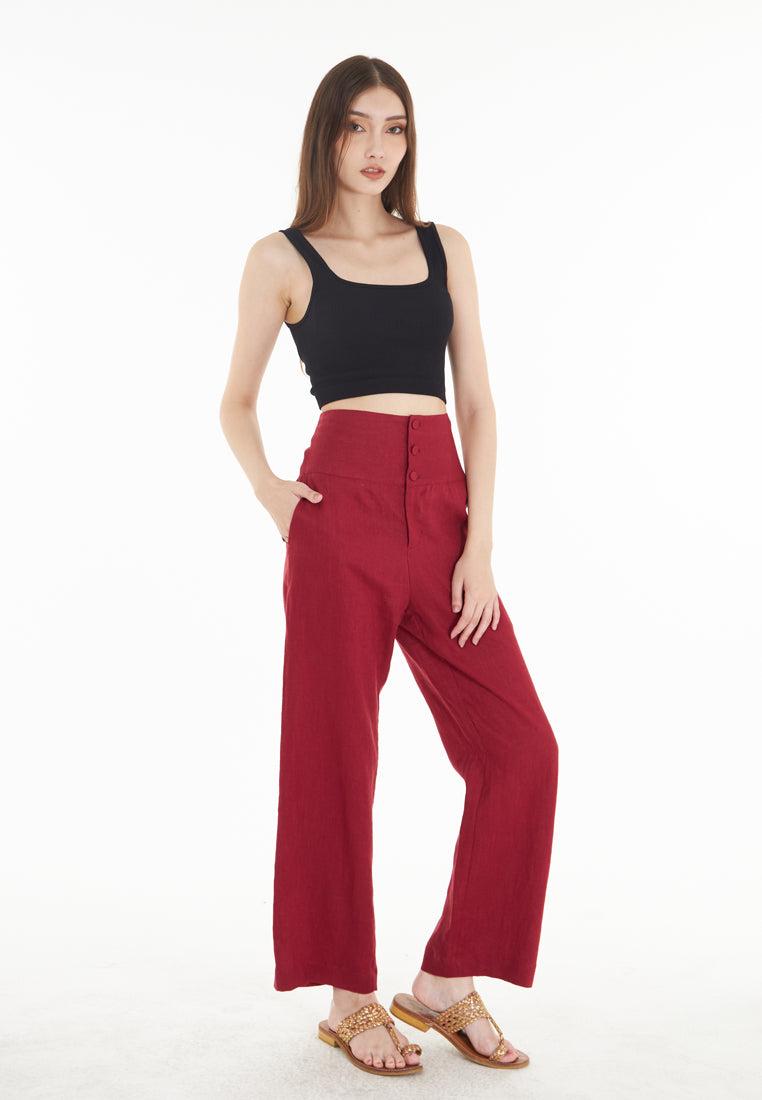 East India Company Mia- Full Length Wide Leg Linen Trousers - Burgundy