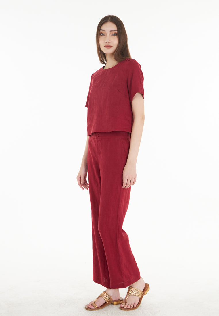 East India Company Mia- Full Length Wide Leg Linen Trousers - Burgundy