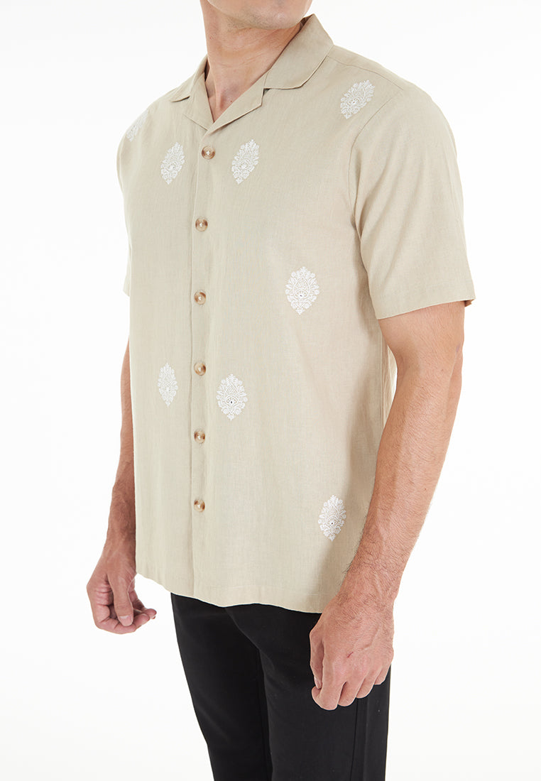 Zaid S/Sleeve Cuban Collar Embroidered Pure Linen shirt