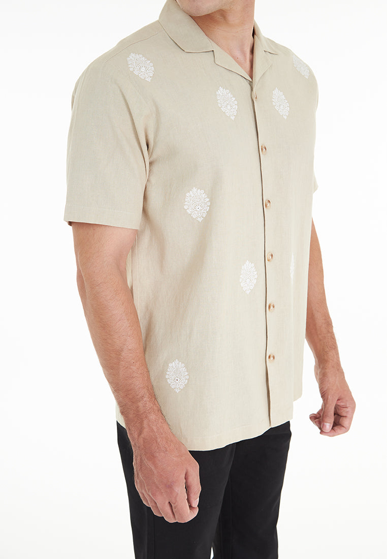 Zaid S/Sleeve Cuban Collar Embroidered Pure Linen shirt