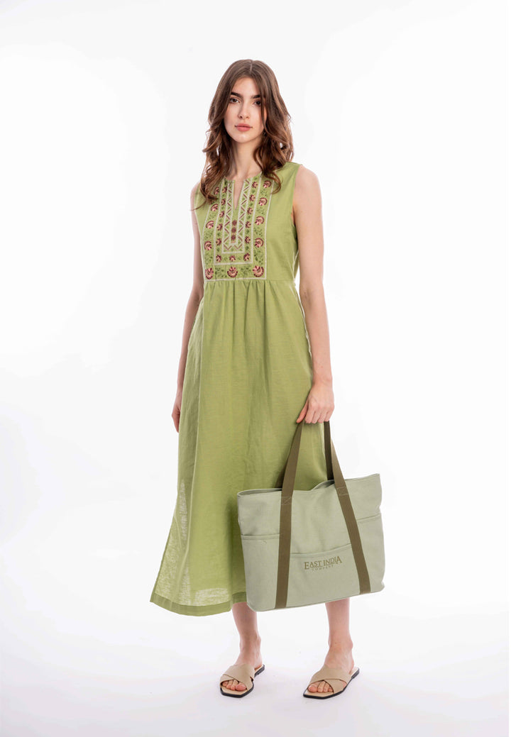 East India Company - Shani Embroidered Sleeveless Maxi Dress, Cotton Linen, Green