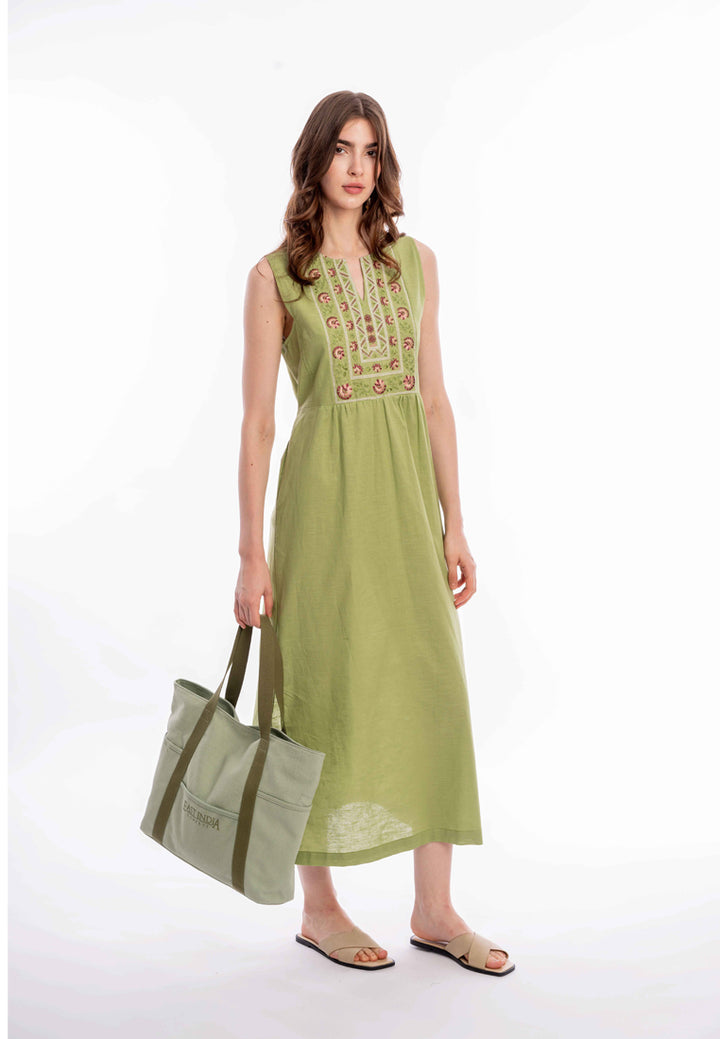 East India Company - Shani Embroidered Sleeveless Maxi Dress, Cotton Linen, Green