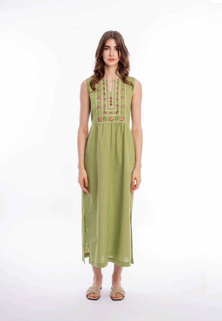 East India Company - Shani Embroidered Sleeveless Maxi Dress, Cotton Linen, Green