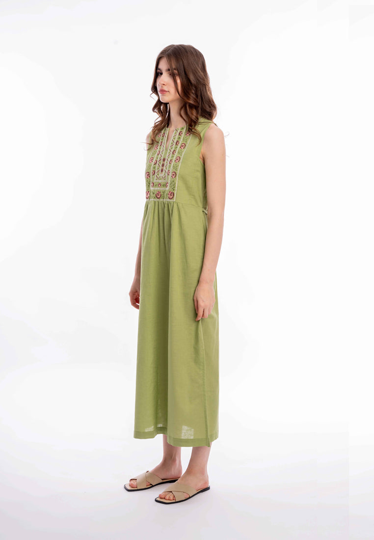 East India Company - Shani Embroidered Sleeveless Maxi Dress, Cotton Linen, Green