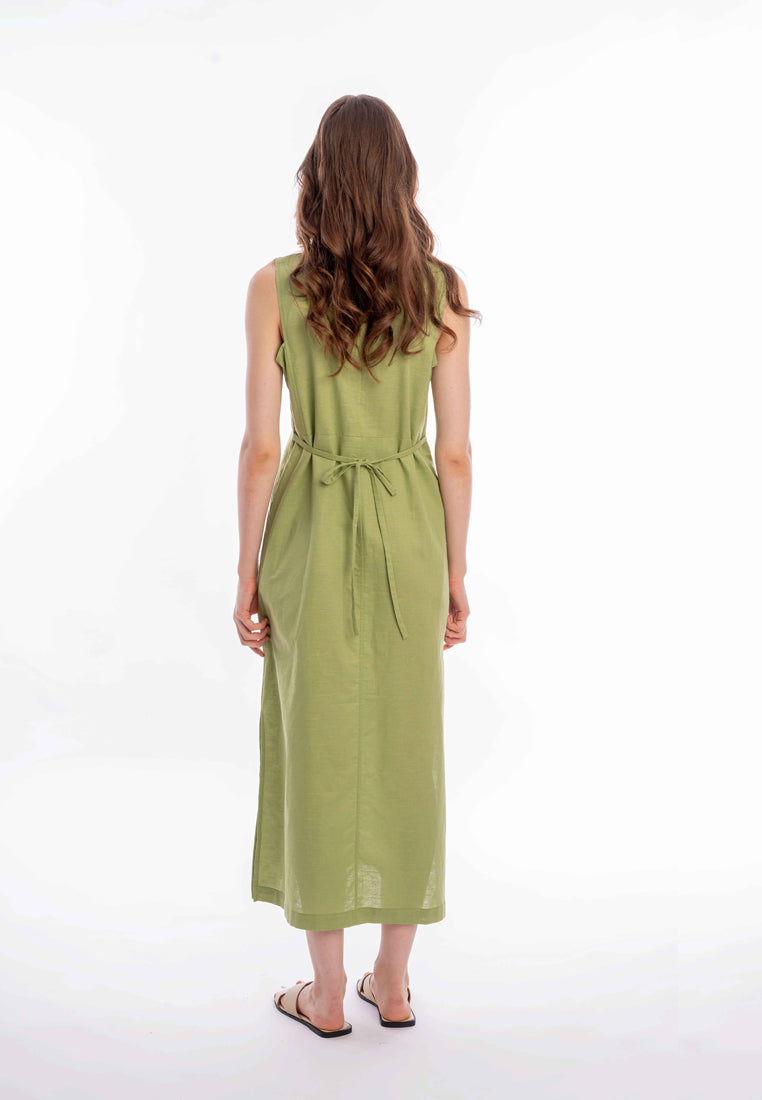 East India Company - Shani Embroidered Sleeveless Maxi Dress, Cotton Linen, Green