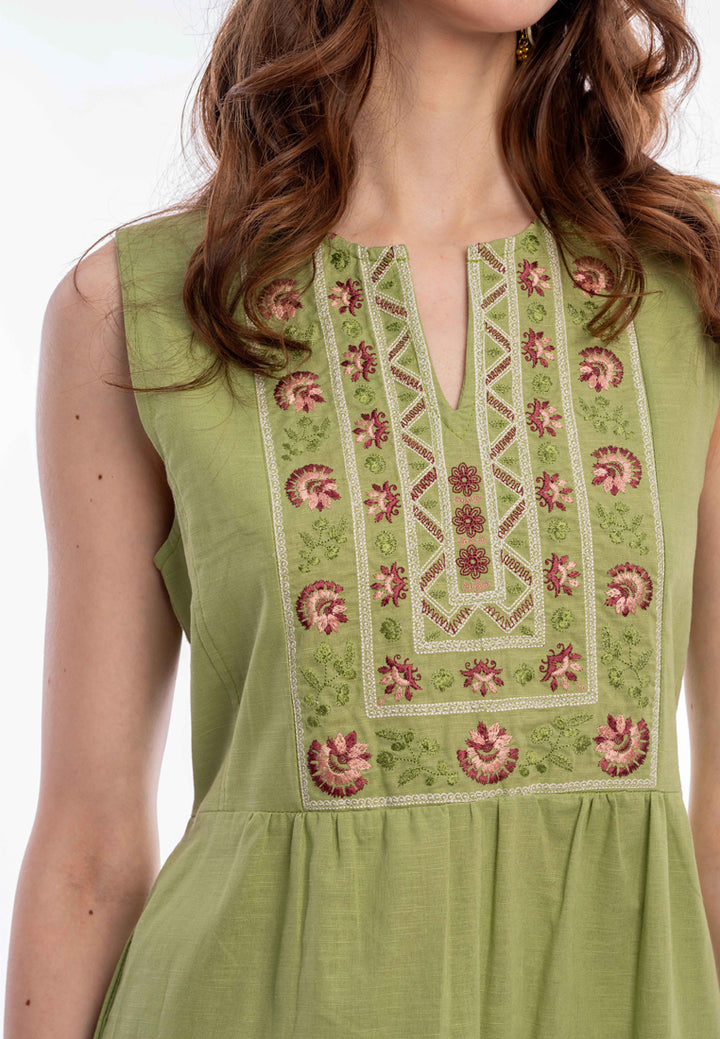 East India Company - Shani Embroidered Sleeveless Maxi Dress, Cotton Linen, Green