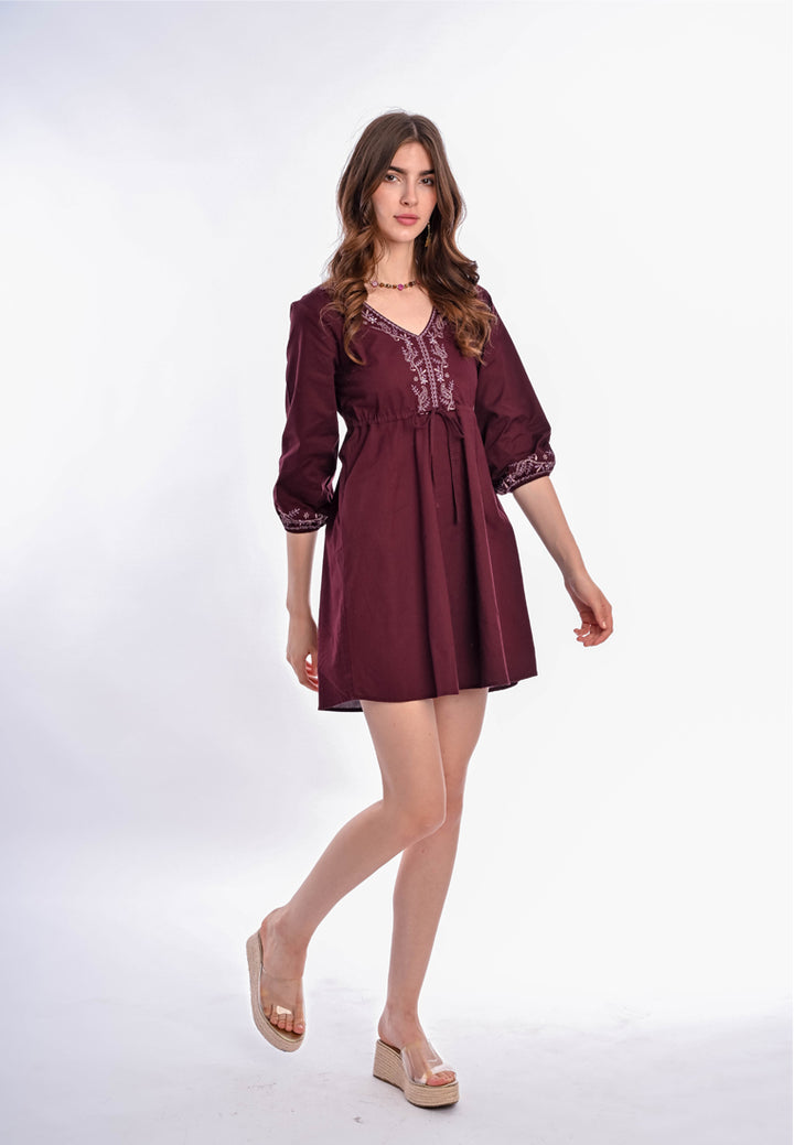 East India Company Mika Embroidered Short Dress - Plum/Purple