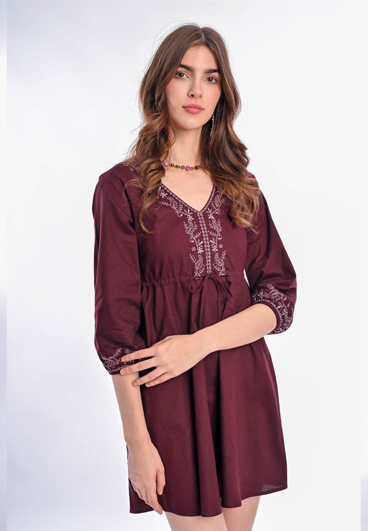 East India Company Mika Embroidered Short Dress - Plum/Purple