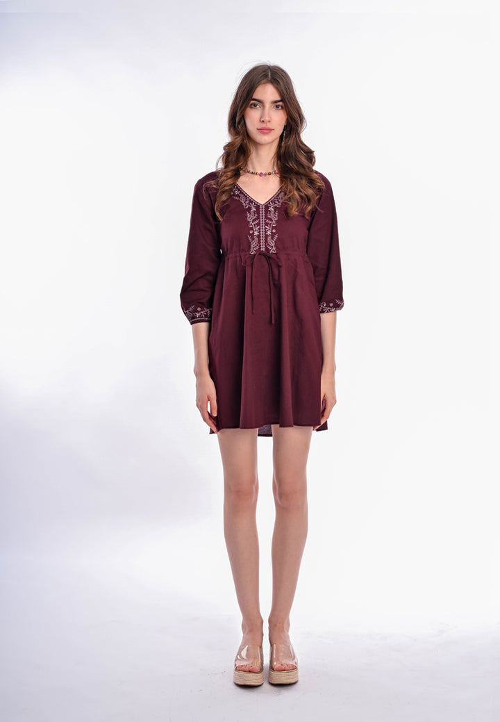 East India Company Mika Embroidered Short Dress - Plum/Purple