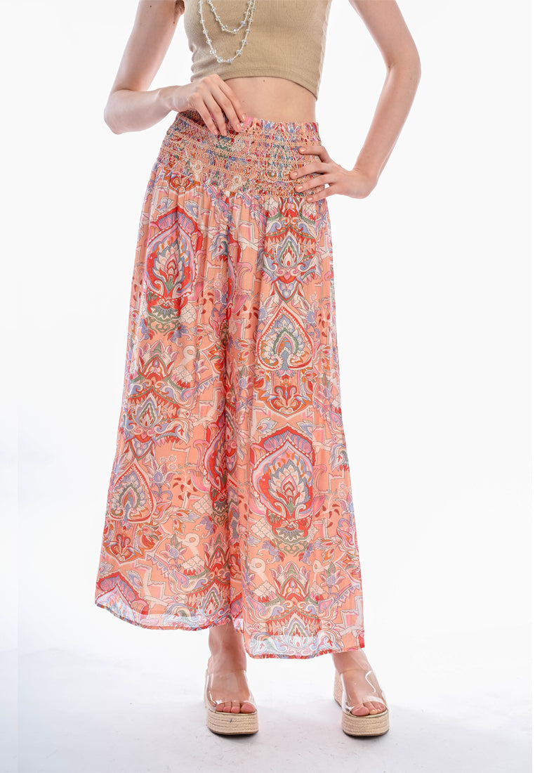 East India Company - Devika Printed Pull-On Palazzo, Cotton Viscose, Peach & Orange