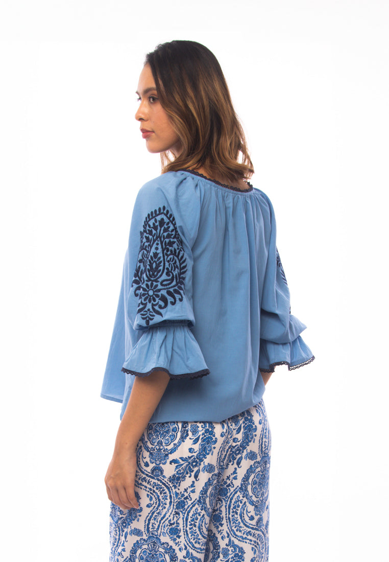 East India Company - Aditi_Embroidered 3/4 Puff Sleeve Blouse