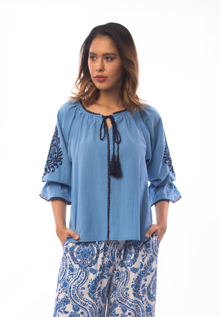 East India Company - Aditi_Embroidered 3/4 Puff Sleeve Blouse