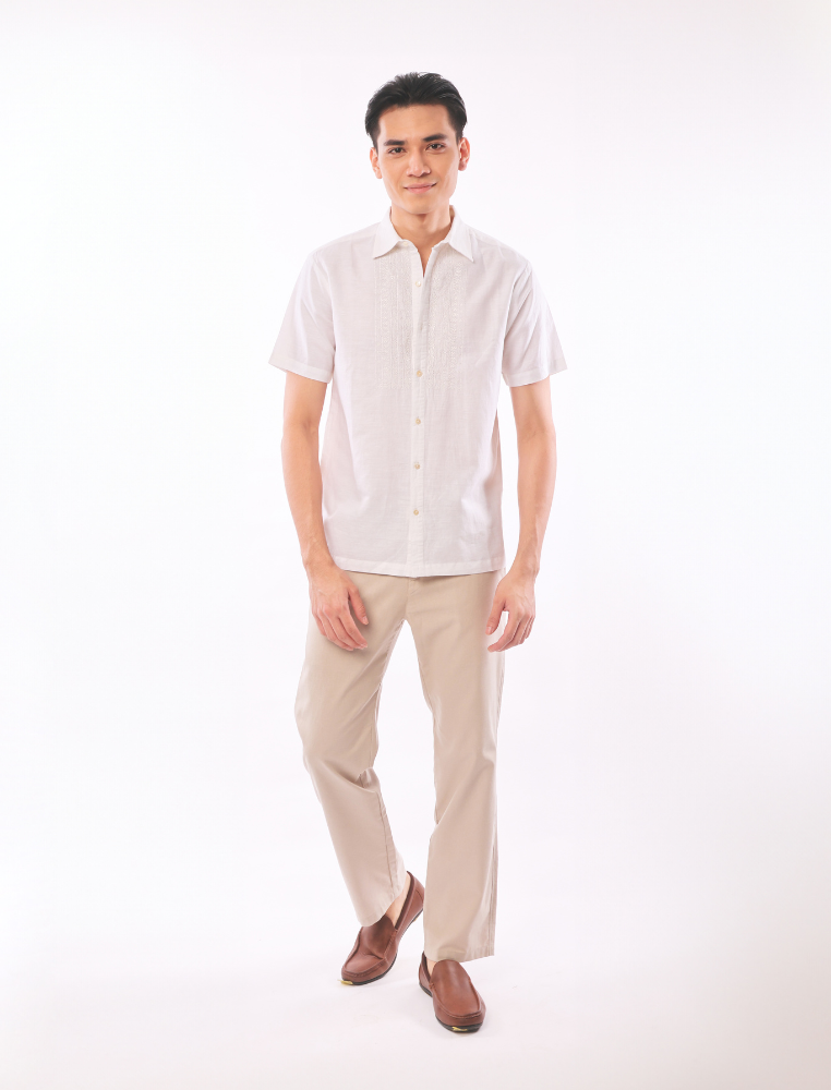 EAST INDIA COMPANY - MUNAWAR MEN REGULAR FIT SHORT SLEEVE LINEN EMBROIDERY SHIRT