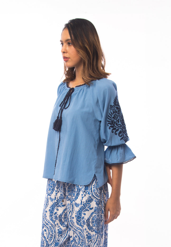 East India Company - Aditi_Embroidered 3/4 Puff Sleeve Blouse