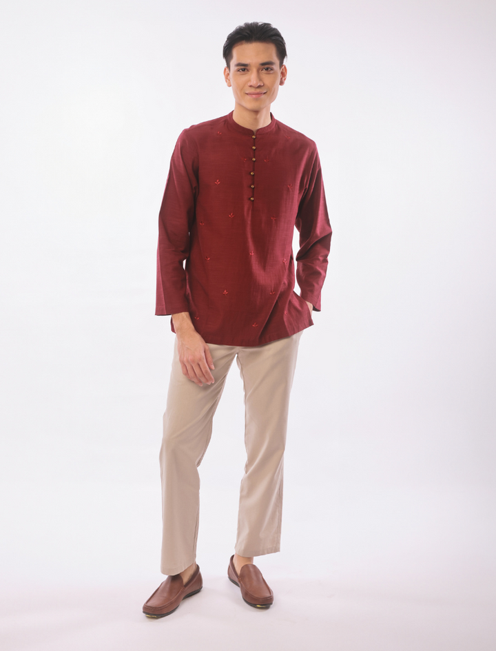 East India Company - Mahfuz Men Regular Fit Long Sleeve Embroidered Shirt Maroon