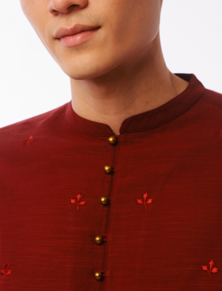 East India Company - Mahfuz Men Regular Fit Long Sleeve Embroidered Shirt Maroon