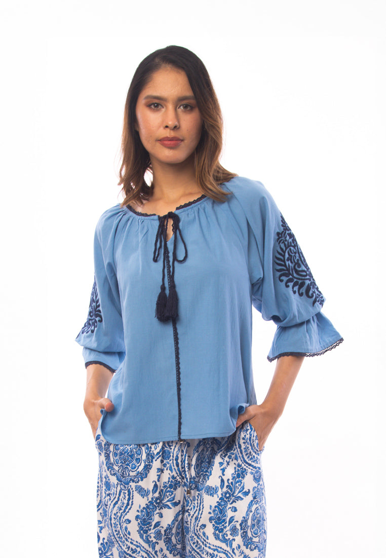 East India Company - Aditi_Embroidered 3/4 Puff Sleeve Blouse